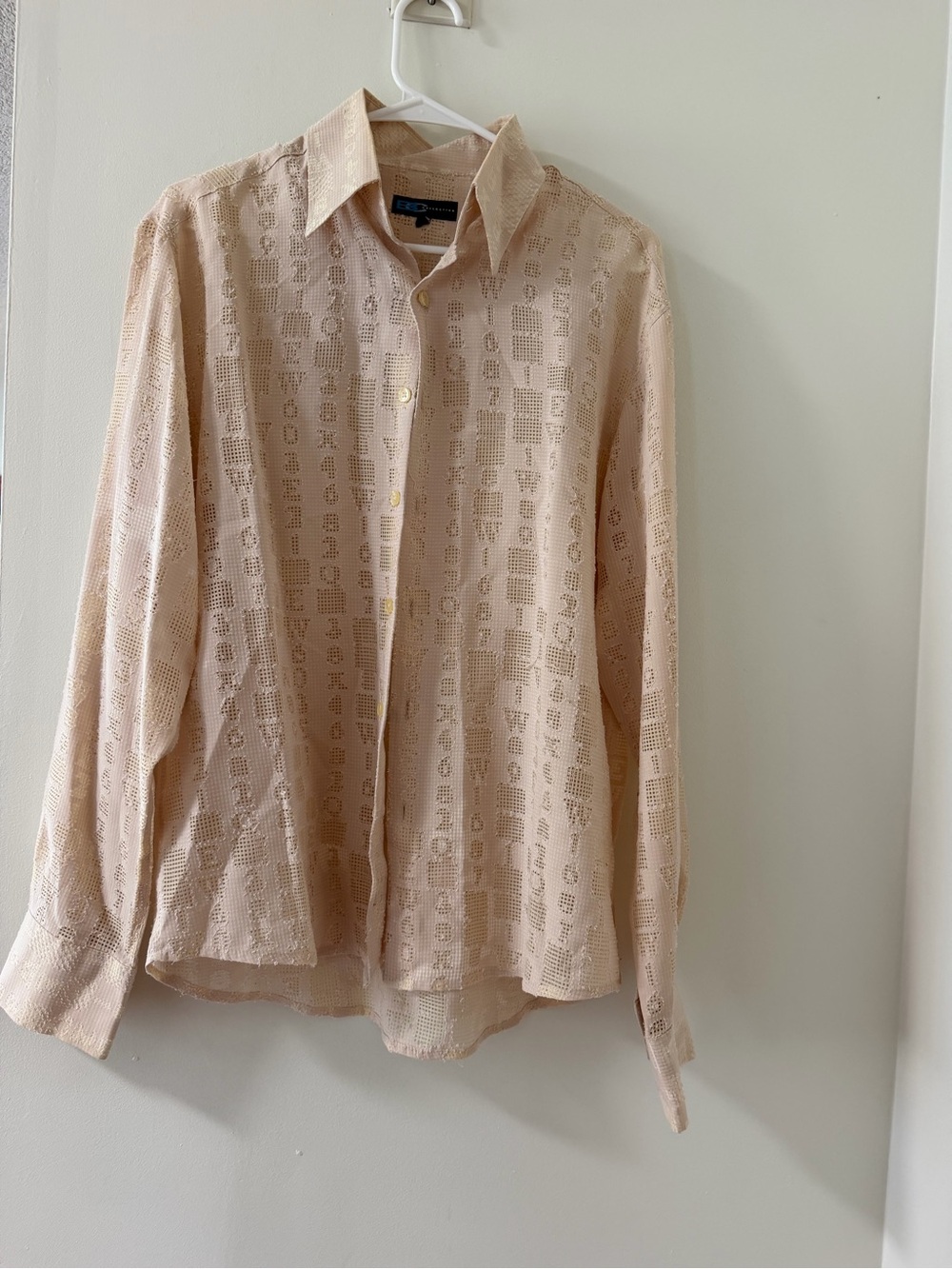 Collection B Dress Shirt Mens L Beige Good Lace Pattern Long Sleeve Semi-Sheer